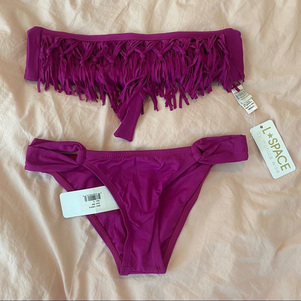 L*Space Women's Magenta Fringe Bandeau Bikini Set